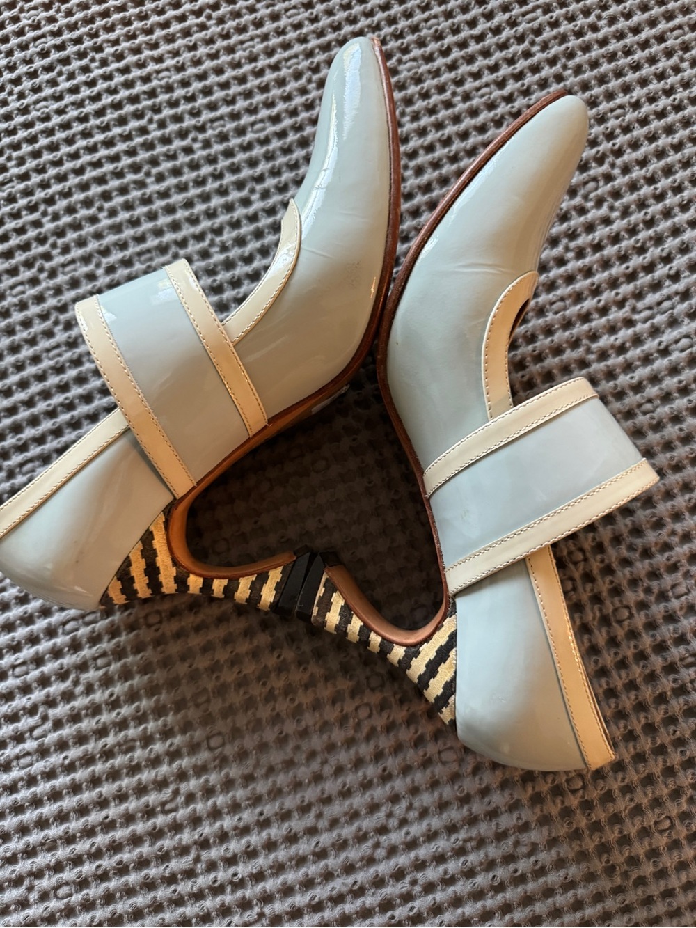 VINTAGE 1960’s John Fluevog Pale Blue Patent Mary Jane Pumps with Striped Heel